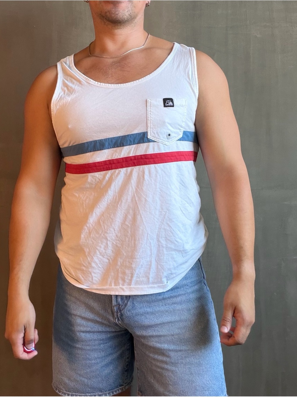 Quiksilver White Stripe Pocket Tank Top Men’s Medium Surf Beach Cotton Loose